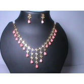 Delicate Pink Beaded Necklace and Earring Set with Rhinestone Accents