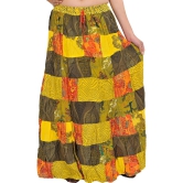 Yellow Printed Long Boho Skirt from Gujarat with Patch Work