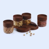 Cello Modustack 500 ML Storage Jars with Tray Gift Set | Set of 4 Pcs Brown