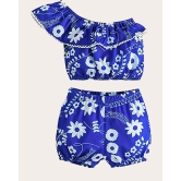 Girls One Shoulder Printed Crop Top & Shorts Set Kids Summer Clothes-Blue / 1 - 2 Years