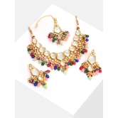 Gold Plated Kundan Beaded Necklace, Earrings and Maang Tikka Set