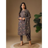 Rangita Women Cotton Navy Blue Floral Printed Calf Length Straight Kurti With Pants With Dupatta - None