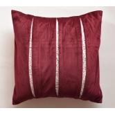 Designer Pleated Pattern Velvet & Cotton Printed Cushion Cover - Maroon, 16x16 Size