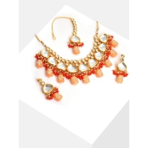 Gold Plated Kundan Beaded Necklace, Earrings and Maang Tikka Set