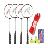 Hipkoo Sports Toofani Aluminum Badminton Complete Racquets Set | 4 Wide Body Rackets with Cover, 3 Shuttlecocks and Net | Ideal for Beginner | Lightweight & Sturdy (Multicolour, Set of 4)