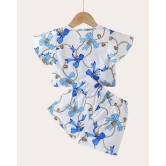 Girls White And Blue Floral Printed Top with Shorts-Blue / 1 - 2 Years