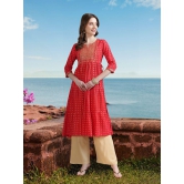 Rangita Women Rayon Red Embroidered Ankle Length Tiered Flared Kurti - None