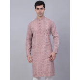 Men's Coral Red & White Embroidered Straight Kurtas-L / Pink