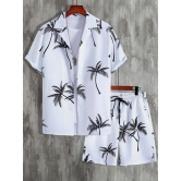 Palm Tree Print Mens Shirt And Shorts Set Short Sleeve-S-40 / White