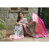 Pure Katan Silk Banarasi Saree in Black and White Checks with Contrasting Pink Borders  | SILK MARK CERTIFIED