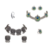 Abhaah oxidised german silver tribal peacock bohemian statement choker necklace ring combo with nose stud for women and girls