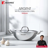 Bergner Argent Tri-Ply Kadhai with Lid | Gas & Induction Compatible | Silver 3.5 Litre