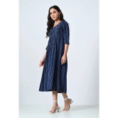 AMBI Cotton Blend Striped Midi Womens Fit & Flare Dress - Blue ( Pack of 1 ) - None