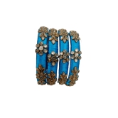 Set of 4 Blue Silk Thread Bangles with Stone and Pearl Embellishment