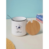 Star Ceramic Coffee Mug With Lid - 350 ml, Stirring Spoon