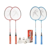 Hipkoo Sports Utility Aluminum Badminton Complete Racquets Set | 4 Wide Body Racket and 3 Shuttlecocks | Ideal for Beginner | Flexible, Lightweight & Sturdy (Red & Blue, Set of 4)