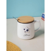 Star Ceramic Coffee Mug With Lid - 350 ml, Stirring Spoon