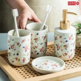 USHA SHIRAM 4 Pcs Ceramic Bathroom Set - Soap Dispenser, Soap Holder, 2 Tumblers, Handwash Dispenser, Bathroom Organizer, White-USHA SHIRAM 4 Pcs Ceramic Bathroom Set: Liquid Soap Dispenser, Soap