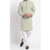 Men's Green Cotton Chikan Kurta