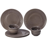 Aadeep Handcrafted Emboss Stoneware Ceramic Dinner Set, 10 Pieces Dish Set Serving for 4, Microwave and Dishwasher Safe, Bone-ash Free, Crockery Set for Dining and Gifting, Ash Grey