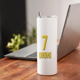 Indigifts Dhoni Tumbler With Lid And Steel Straw 590 ML|Insulated Steel Bottle For School, Office, Home, Gym|Cold & Hot Beverages|Dent & Scartch Proof|Safe for Kids|WHITE|