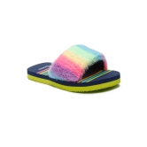 ONYC Kids Slippers for Girls, Premium Rainbow Fur Sliders, Navy Blue