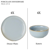 Handcrafted Chip Resistance Porcelain Dinner Set, 8 Pieces Serving for 4, Microwave and Dishwasher Safe, Bone-ash Free, Crockery Set for Dining and Gifting, Arctic Blue