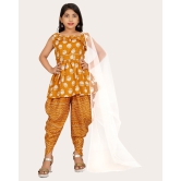 Girls A-line Sleeveless Rayon Dhoti Kurta and Dupatta Set Festive & Party Floral Print Square Neck Dupatta Net Border Lace.-Yellow / 10 - 11 Years