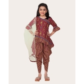 Floral Cotton Printed Peplum Stylish Top and Dhoti Dupatta Set for Girls-Maroon / 9 - 10 Years