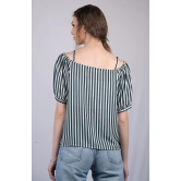 White and Green Striped Relaxed Fit Boat Neckline Top (OTL-TPS1021)-Blue / M