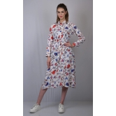 Cotton long shirt style dress for women dresses party wear collor neck Off White Floral Print Flared Long Dress with  Belt (OTLDRS1001)-White / XL