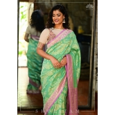 Exquisite Tussar Georgette Silk Saree in Sea Green and Lilac with Silver Paisley Jaal | SILK MARK CERTIFIED