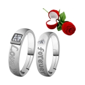 Silver Plated Adjustable Couple Rings Set for lovers Ring with 1 Piece Red Rose Gift Box  for Men and Women - None