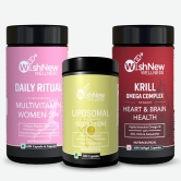 Wishnew Wellness Women's 50+ Rejuvenation Trio: Daily Ritual Multivitamin Women 50+ + Krill Omega Complex + Liposomal Glutathione