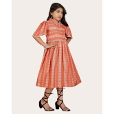 Girls Cotton Unique Design Printed Knee Length A-Line Dress-Orange / 10 - 11 Years