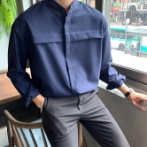 Front Pleat Detail Korean Shirt-Blue / XL