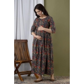 KASHVI Creation Women's Cotton Floral Printed Anarkali Maternity Feeding Kurti-Navy Blue