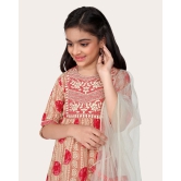 Kids Girls Embrodeary Cotton Printed Fullstiched Nayara Cut Kurtis with Bottom Dupatta set, Kid dresses-Peach / 10 - 11 Years