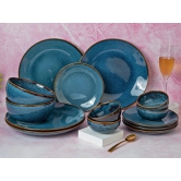 Handcrafted Stoneware Reactive Glaze Ceramic Dinner Set, 14 Pieces Serving for 4, Microwave and Dishwasher Safe, Bone-ash Free, Crockery Set for Dining and Gifting, Greenish Blue