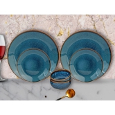 Handcrafted Stoneware Reactive Glaze Ceramic Dinner Set, 6 Pieces Serving for 2, Microwave and Dishwasher Safe, Bone-ash Free, Crockery Set for Dining and Gifting, Greenish Blue