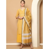 Printed yellow kurta with lace work, pallazos dupatta set-XL / Yellow