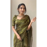 Apnisha Organza Solid Saree With Blouse Piece - Olive ( Pack of 1 ) - Olive