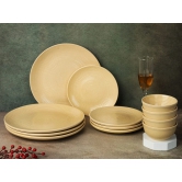 Handcrafted Stoneware Reactive Glaze Ceramic Dinner Set, 12 Pieces Serving for 4, Microwave and Dishwasher Safe, Bone-ash Free, Crockery Set for Dining and Gifting, Yellow Ten