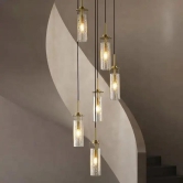 HDC 5-Light Brass Gold Crackle Glass Double Height Stair Chandelier - Warm White