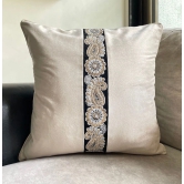 Bold Embroidered Lace Velvet Off-White Color Cushion Cover - 16x16 Size