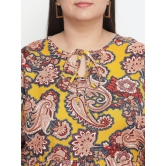 Oxolloxo Mustard Yellow Ethnic Print Tie-Up Neck Crepe Empire Plus Size Top