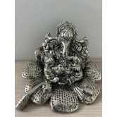 Aarna Creations Metal Ganesha | Silver Gudhal Ganesh | Antique Silver Hand-Carved Ganesh Sitting on Hibiscus