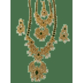 Stunning Gold-Plated Peacock Haram Necklace Set with Green Stones and Pearls