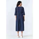 AMBI Cotton Blend Striped Midi Womens Fit & Flare Dress - Blue ( Pack of 1 ) - None