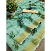 Fancy Womens Linen Printed Sarees.-Free Size / Blue